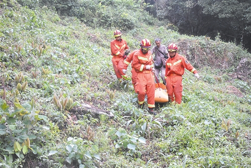 消防员翻山越岭将伤者抬下山 本报通讯员 都春雷 摄